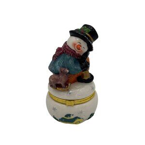 Vintage Snowman Porcelain Trinket Box With Dog Figurine & Gold Trim